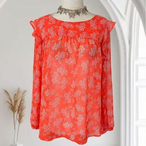 Boho Coquette Red White Micro Mesh Frilly Sleeve Sheer Blouse S